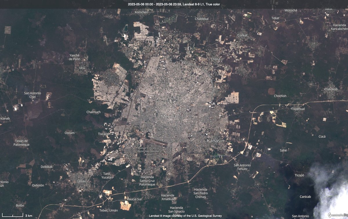 Mérida, Yucatán.
23 años de diferencia, las imágenes de Landsat corresponden al año 2000 y 2023.