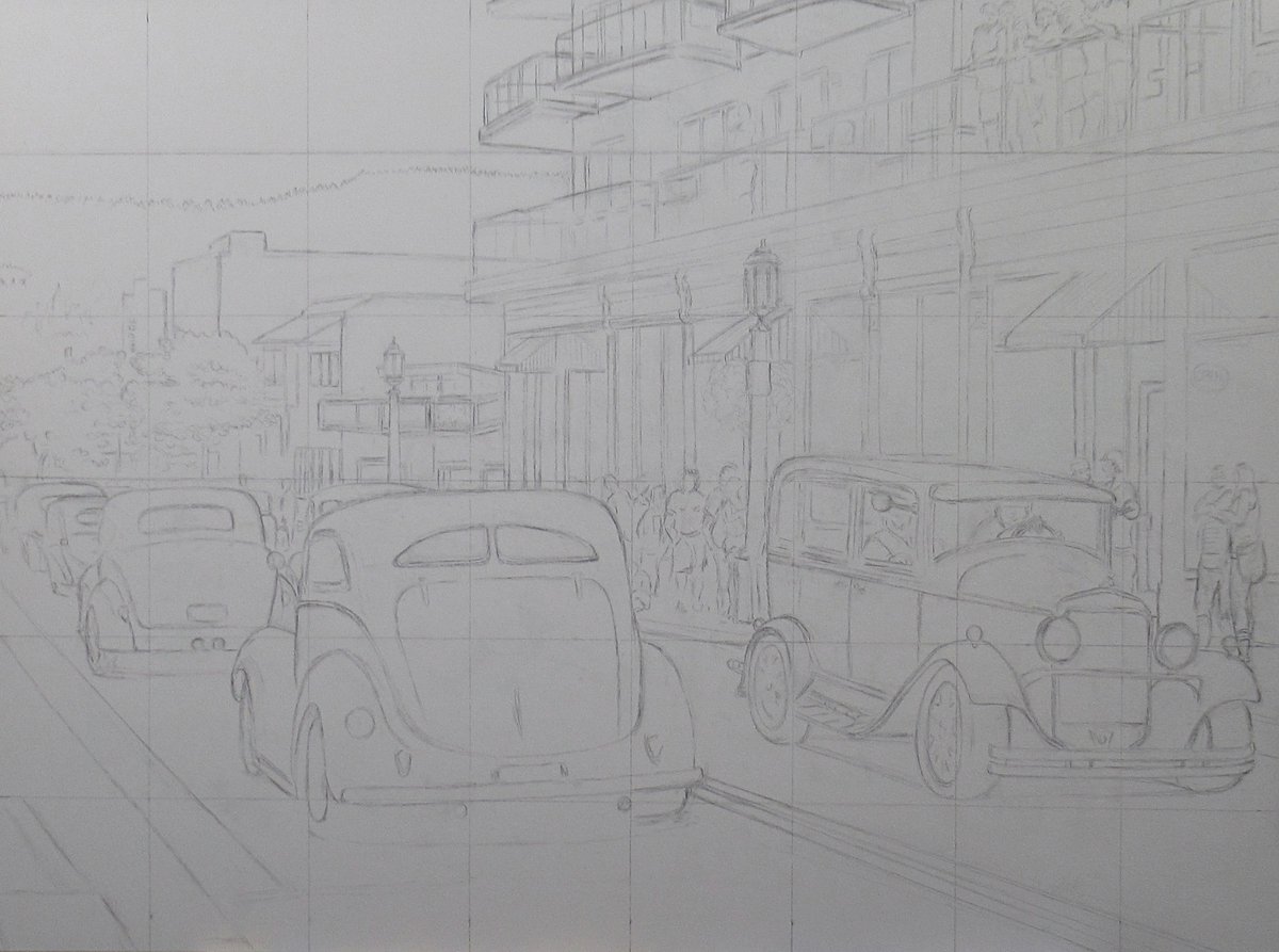 Yesterday, I completed the outlining process. Today, I begin to paint.
This will be a painting of the Wheels And Waves Cruise ( Seaside, Oregon ).

#art #wip #workinprogress #artistatwork #artistinstudio #outlinedrawing #canvas #traditionalartist #artwork #largepaintinginprogress