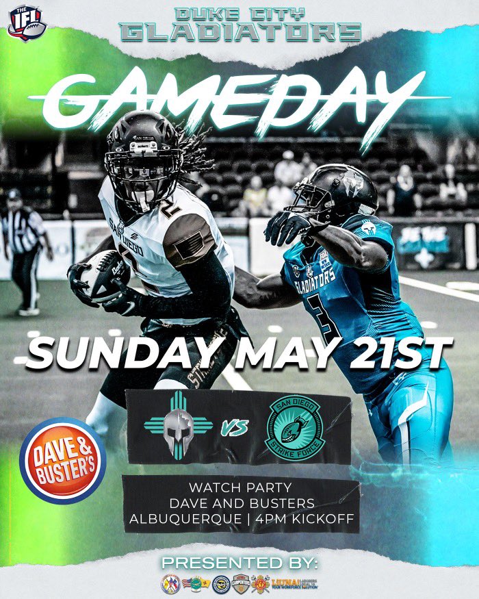 It’s game day gladiator family! Join us at Dave and Busters at 4pm to catch all the action! . . . . #CommunityChampions #DCGladiators #505 #nmtrue #albuquerque #nm #ifl #newmexico #arenafootball #indoorfootball #dukecity #gladiators #newmexicotrue #Albuquerque #JustWin