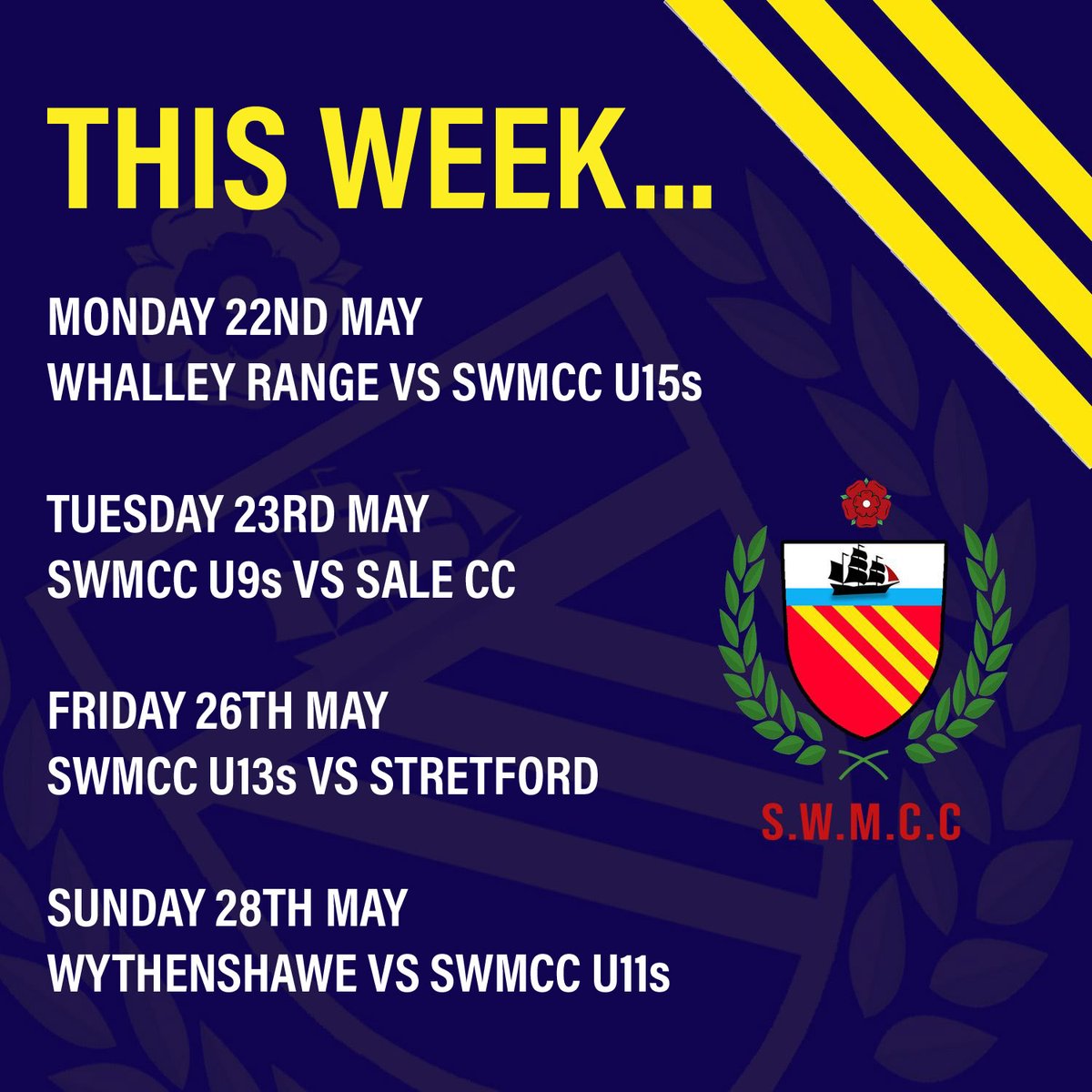 Coming up this week, our juniors have games against @WhalleyRangeCC
@SaleCricketClub @Stretford_CC & @WythCCJnrs  

#SWMCC #Chorlton #SouthManchester #Cricket #JuniorCricket