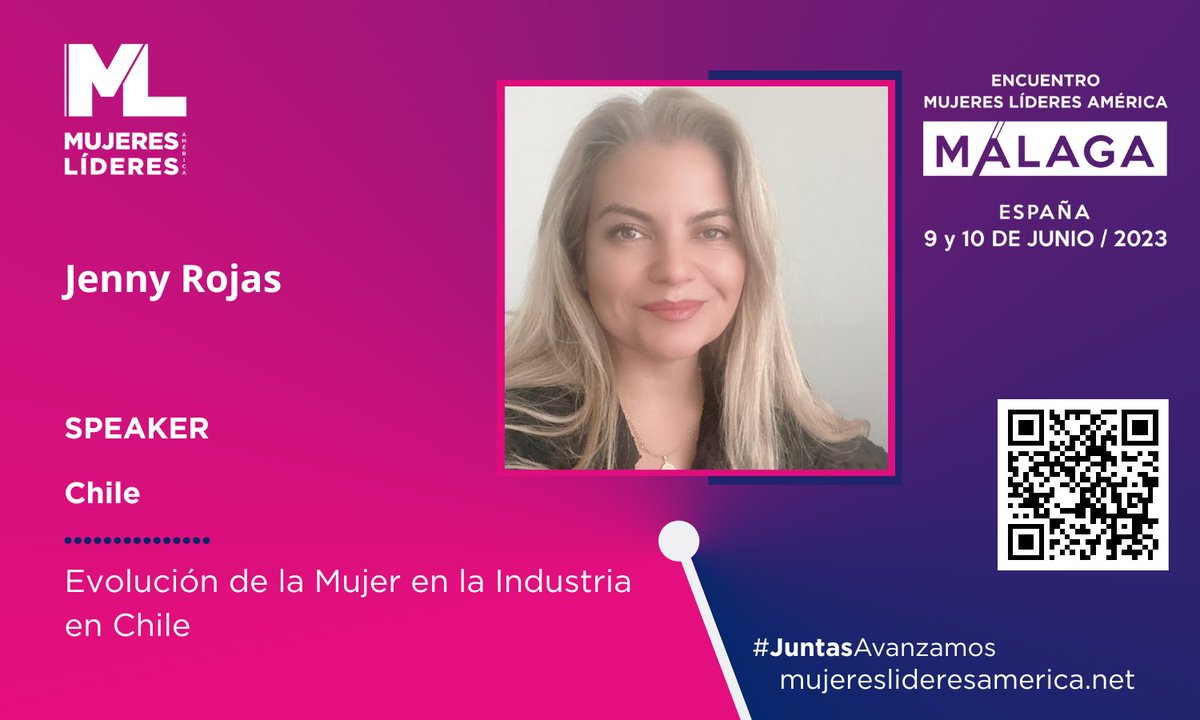 En el Encuentro Internacional de #Málaga participará como speaker <a href="/JennyJARojas/">Jenny Rojas</a>, socia Vip de #mujereslideresamerica y Gerente General <a href="/company_value/">MORE VALUE COMPANY</a>  con la conferencia tipo Ted "Evolución de la Mujer  en la Industria en Chile".
mujereslideresamerica.net/juntas/encuent…

#JuntasAvanzamos