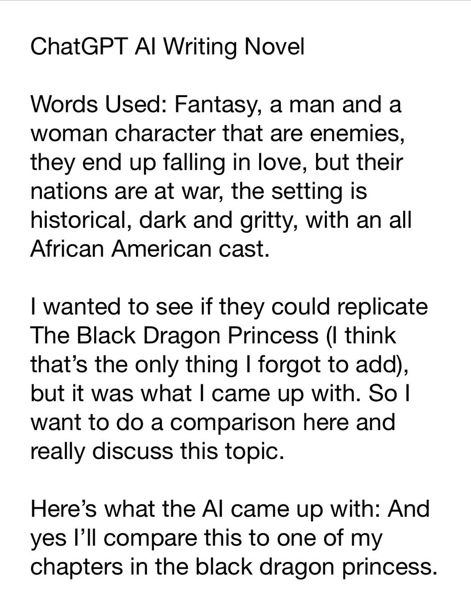 thastargoddess's tweet photo. Sneak Preview: The Chapter 12 is what the AI wrote & mine is Grand Marshal Arlo Wolf.
Buy Me A Coffee Blog post coming soon! ๐๐ผ
#KorneliaBlackmore #WritingCommunity #Artists #Writers #Writing #AIWritten https://t.co/ldPz7u1Azy