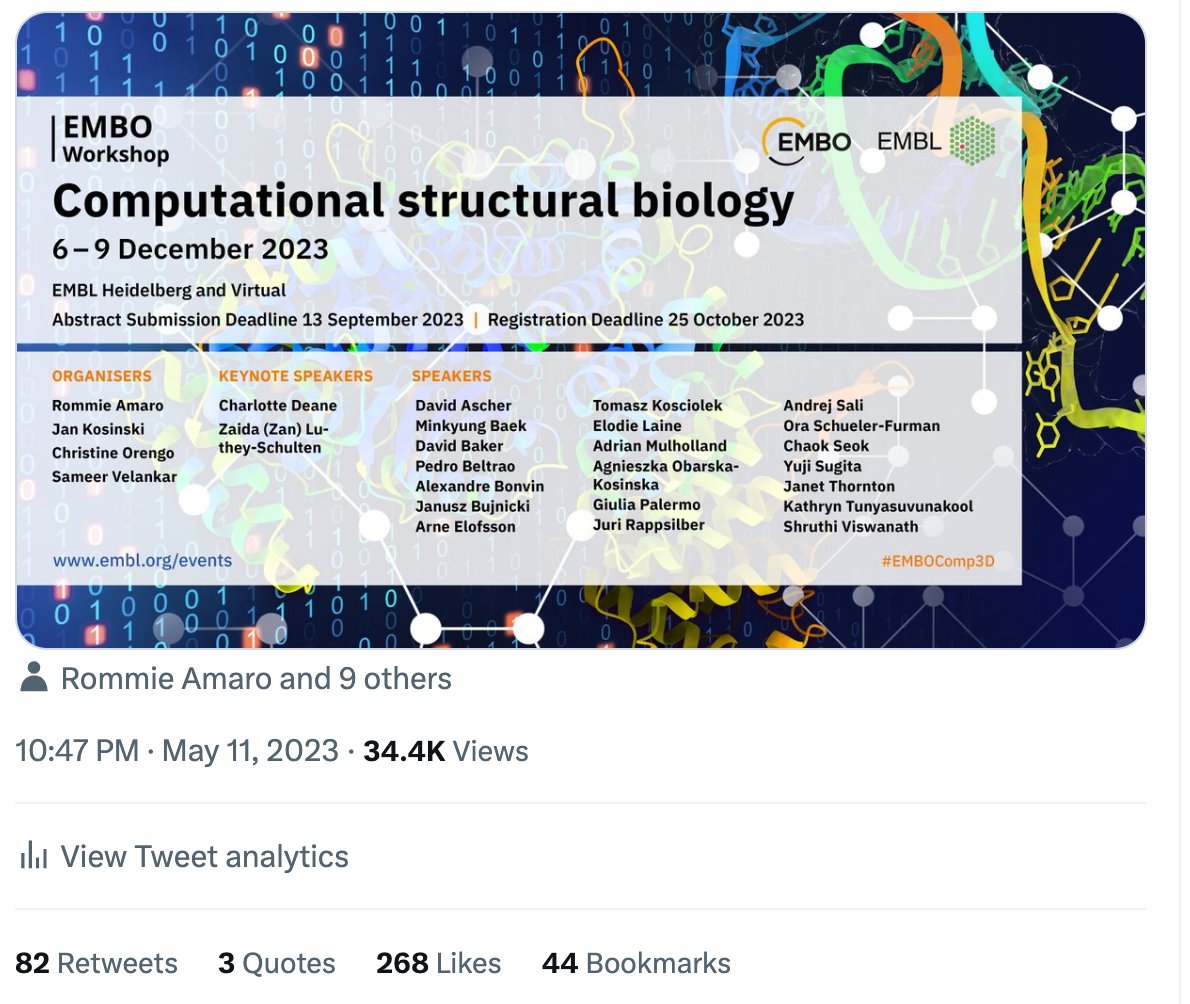 Wow, our recent #EMBOComp3D conference tweet is doing great, especially for a no-Blue account. Hopefully, it means we'll have a solid turnout. 😊 Fancy helping us reach even more people? A Like or RT on the original post would go a long way!🙏🙏👇👇