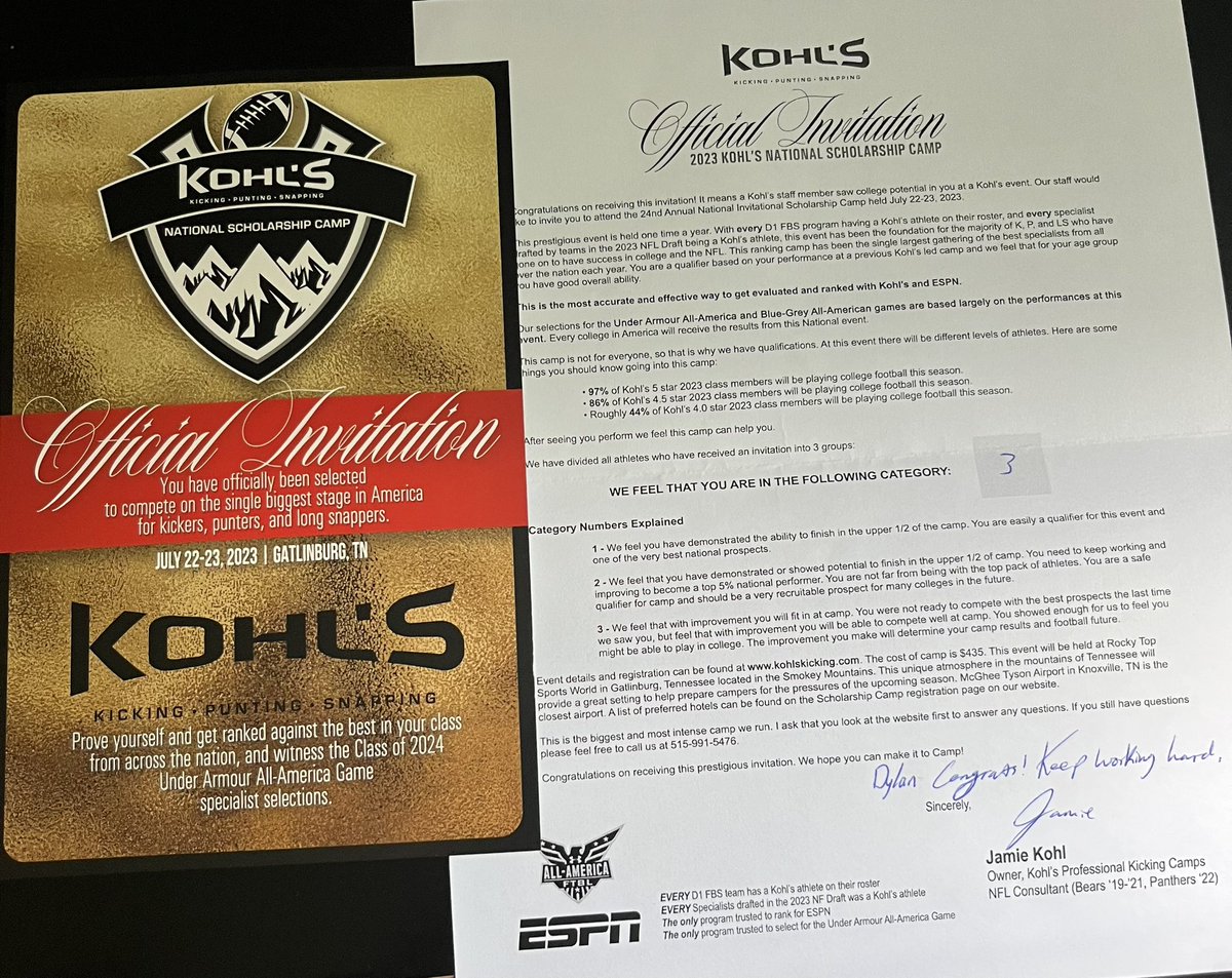 Dylan Mathe (@dylan_mathe) on Twitter photo Blessed to receive an official invite to the Kohl’s National Scholarship Camp in Gatlinburg, Tennessee!
<a href="/KohlsKicking/">Kohl's Kicking Camps</a> <a href="/Coach_Radke/">Luke Radke</a> <a href="/FCS_Recruiting/">Paladins Recruiting</a> <a href="/CoachJT1515/">John Thompson</a> Blessed to receive an official invite to the Kohl’s National Scholarship Camp in Gatlinburg, Tennessee!
<a href="/KohlsKicking/">Kohl's Kicking Camps</a> <a href="/Coach_Radke/">Luke Radke</a> <a href="/FCS_Recruiting/">Paladins Recruiting</a> <a href="/CoachJT1515/">John Thompson</a>