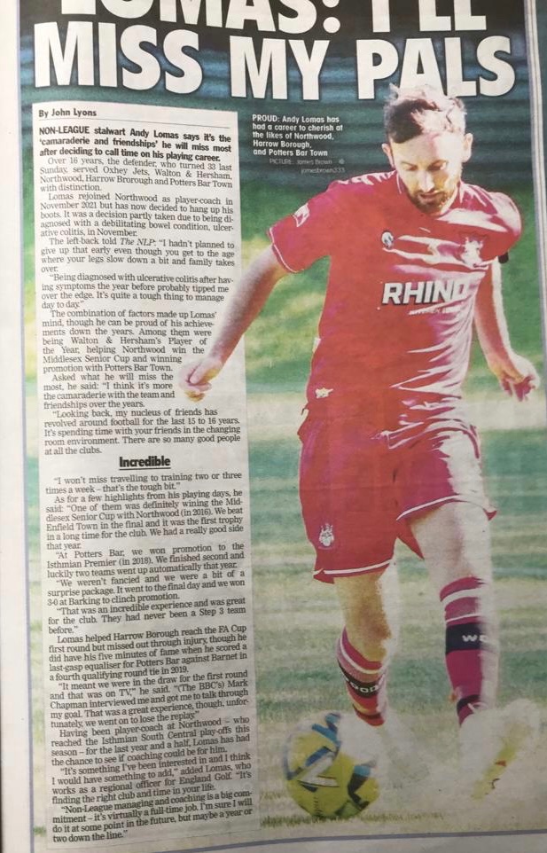 The <a href="/NonLeaguePaper/">The Non-League Paper</a> and <a href="/johnlyons426/">John Lyons</a> covered the retirement from playing of Woods favourite <a href="/alomas6/">Andy Lomas</a> in todays edition.