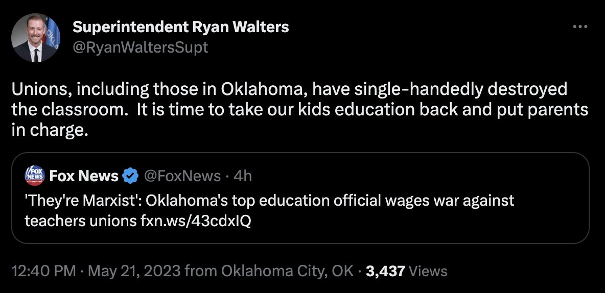 afugate's tweet image. Oklahoma has been a Right to Work (for less) state since 2001.  As recently as 2011, Oklahoma's educational outcomes were ranked 35th in the nation - today they are 49th.

Unions did not take us to the bottom... 

We are there because of concerted efforts by the Party in charge.