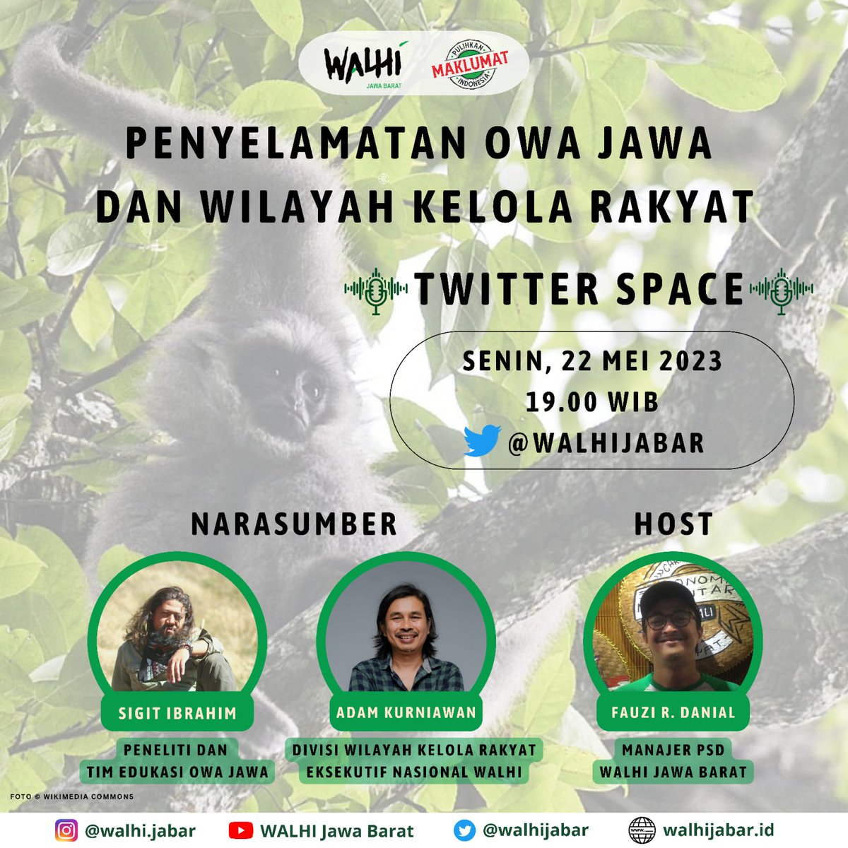 walhijabar's tweet photo. #SahabatWALHI besok malam jam 19.00 WIB, kita akan berbincang bersama Sigit Ibrahim, @walhinasional dan Fauzi R. Danial tentang Penyelamatan Owa Jawa dan Wilayah Kelola Rakyat. Jangan sampai terlewat yaaa!

#WALHI
#OwaJawa
#WilayahKelolaRakyat https://t.co/yLr0pUn7gL