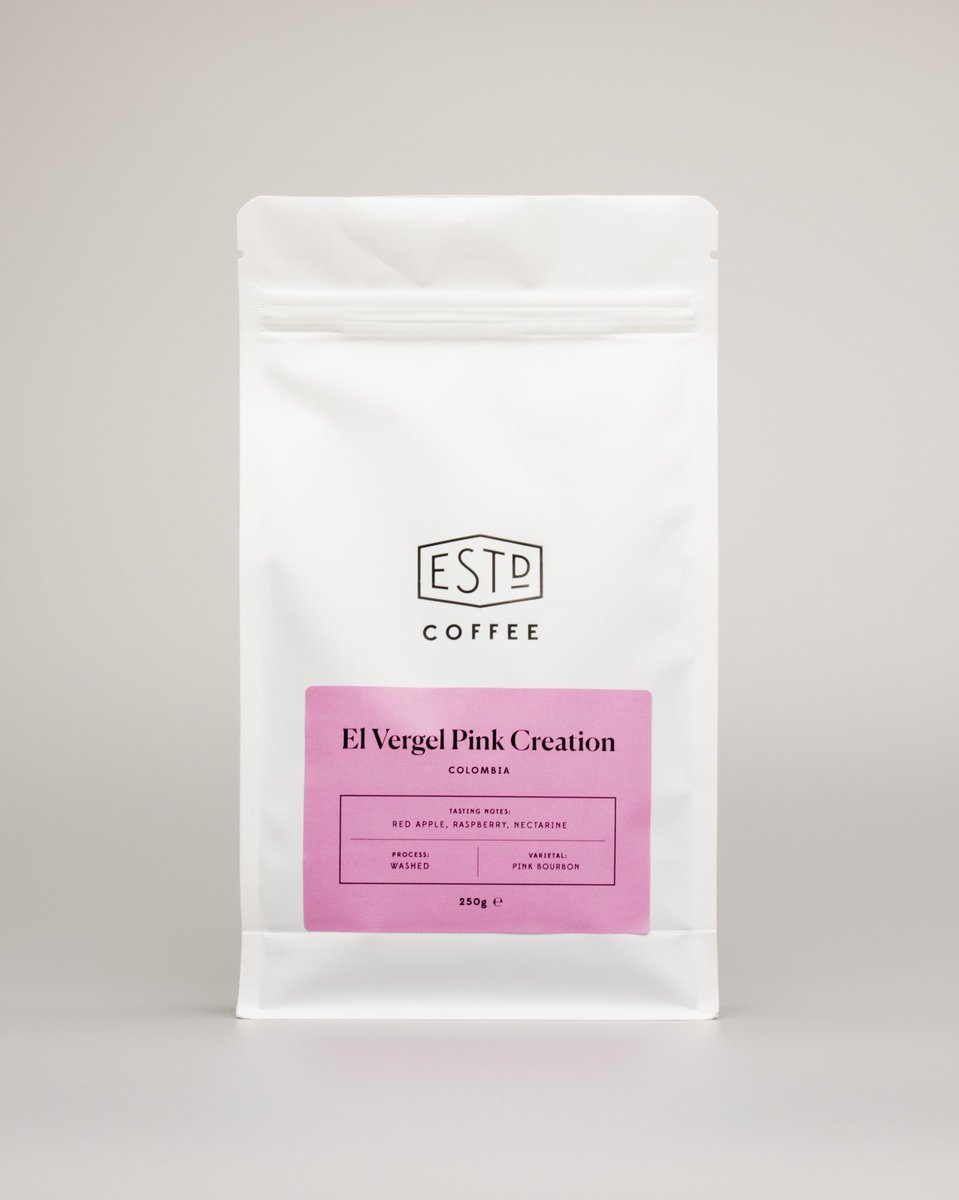New coffee: ‘Pink Creation’ from El Vergel farm in Colombia. 

A washed process, pink bourbon variety, which gives flavour notes of red apple, raspberry &amp; nectarine - fruity, round and sweet with a controlled acidity that gives a bright, clean finish.

established.coffee/collections/co…