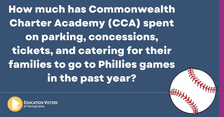 EdVotersPA's tweet photo. How much has Commonwealth Charter Academy (CCA) spent on parking, concessions, tickets, and catering for their families to go to Phillies games in the past year? Closest guess wins an Ed Voters car magnet. We will share the answer on May 23rd! https://t.co/JwSo2mXPY4