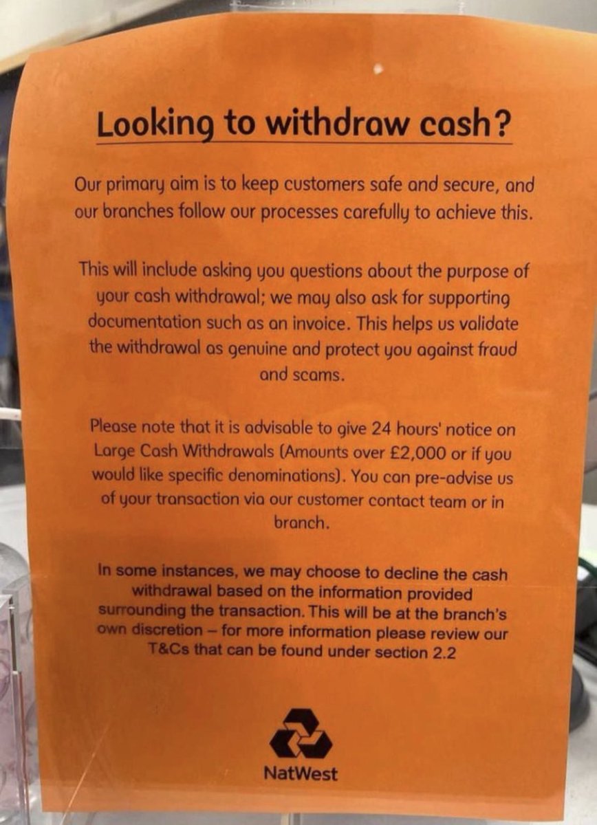 UK banks making cash withdrawals extremely difficult, treating their customers as if they are suspects in a potential crime.

🤨