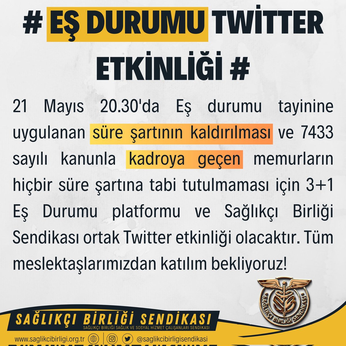 Eş durumu tayininde süre şartının kaldırılması ve 7433 sayılı kanunla kadroya geçen memurların hiçbir süre şartına tabi tutulmaması için bu akşam 20.30'da burada buluşalım!