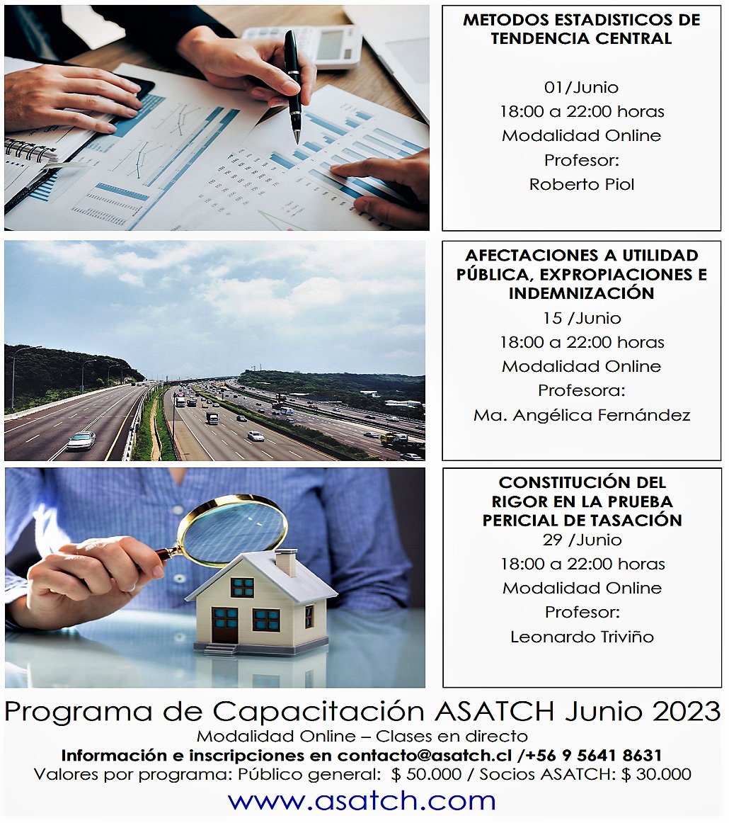 tasador_asatch's tweet photo. Programa de capacitación online #asatch junio/2023, te esperamos. Inscríbete en contacto@asatch.cl o a través de nuestra web https://t.co/i6i3m4FNV7
#tasaciones #tasadores #estadistica #expropiacion #peritajes #inmobiliaria https://t.co/aeXOVlWIPV