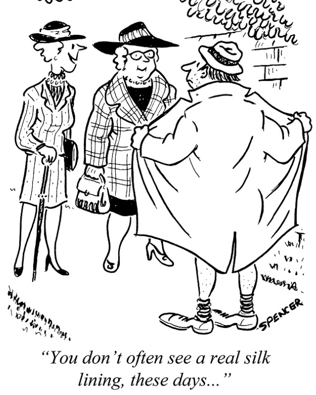 “You don’t often see a real silk lining, these days...” Order your prints: punch.co.uk #punchmagazine #punchcartoons #illustration #drawing #art #cartoonart #publishing #britishhumour #1970s #fleetstreet #LSpencer #coat #naked #indecentexposure #exhibitionist