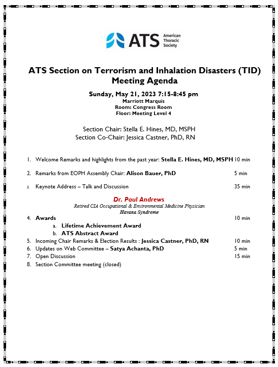 Please join us for our membership meeting. Here is the agenda for our <a href="/ATSTIDSection/">ATS Section on Terrorism and Inhalation Disasters</a> this evening.