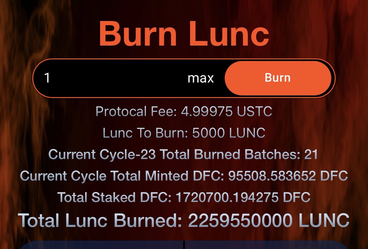 50M LUNC burned this cycle .

We need more community to join us! 

Remember stake with DFLunc validator!

The more you stake with us, the more LUNC will be burned!

LFB!!🔥🔥🔥

#LUNCcommunity #LuncBurn 
#LUNC #DFC #USTC
#DFLunc