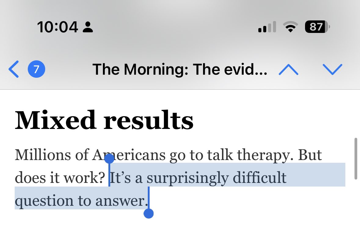 psa: if the new york times is saying evidence for therapy’s impact is mixed, the impact is best case neutral, but probably actually negative. spend the money on a gym membership.