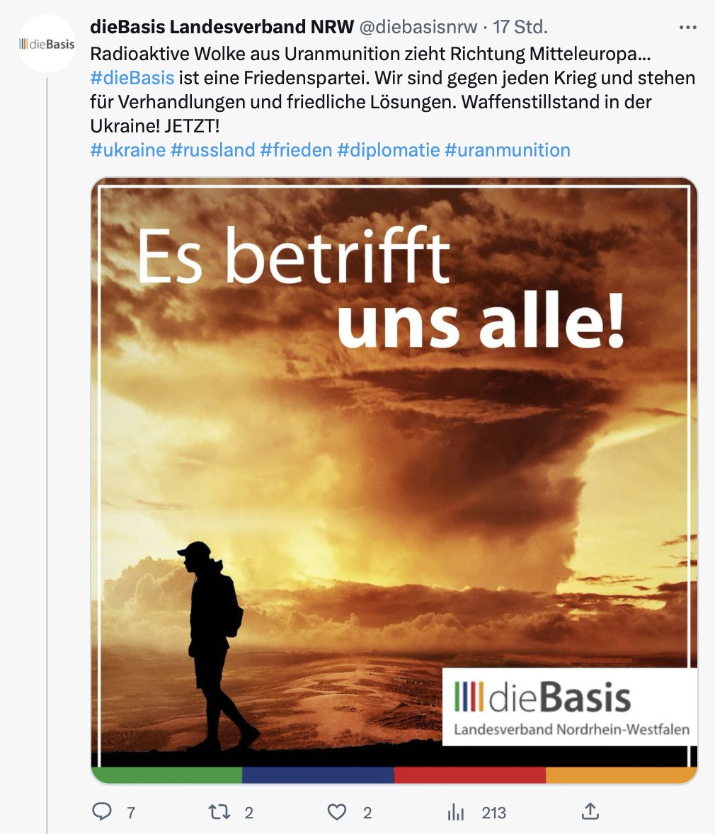 😂Sag, dass Du vom Thema keine Ahnung hast ohne zu sagen, dass Du vom Thema keine Ahnung hast. Liebe @diebasisnrw, Uranstaub aus DU-Munition ist ein bißchen schwerer, als ihr glaubt...