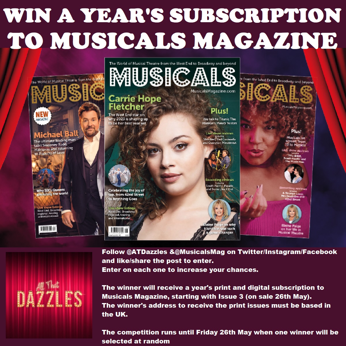 NEW GIVEAWAY ALERT I'm offering a year's digital & print subscription to @MusicalsMag starting with Issue 3. To enter, like or retweet this post. Reply with your favourite musical for an extra entry. You must be following me to enter. The winner will be randomly picked on 26 May.