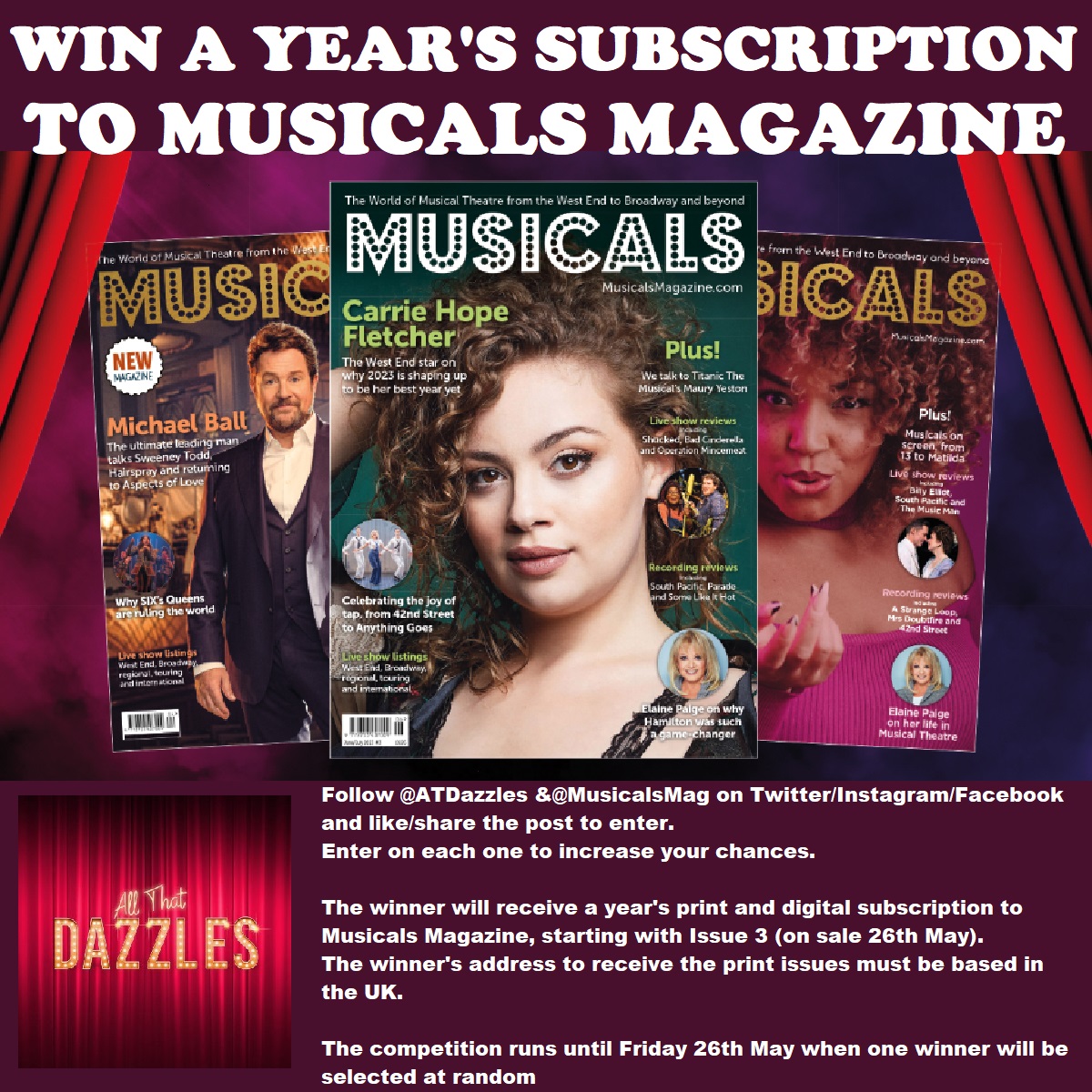 NEW GIVEAWAY ALERT
I'm offering a year's digital &amp; print subscription to <a href="/MusicalsMag/">Musicals magazine</a> starting with Issue 3.
To enter, like or retweet this post.
Reply with your favourite musical for an extra entry.
You must be following me to enter.
The winner will be randomly picked on 26 May.