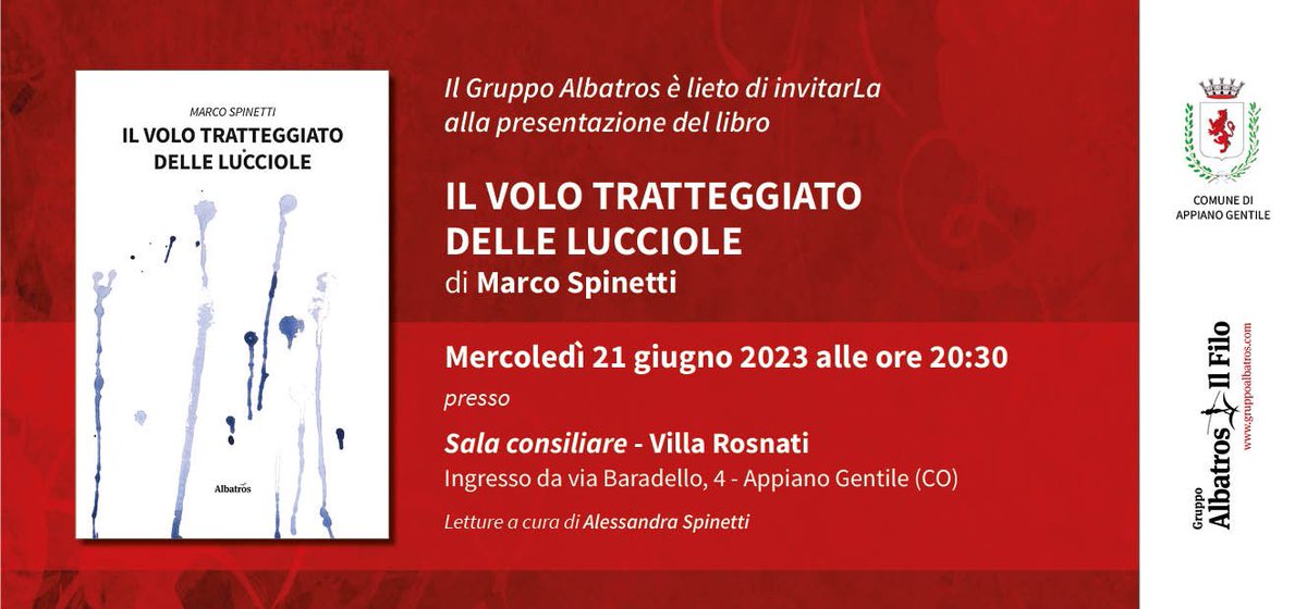 smarko70's tweet photo. Con immenso piacere ed un po' di emozione, mercoledì 21 giugno alle ore 20:30 presso la sala consiliare del Comune di Appiano Gentile presenterò il mio nuovo romanzo IL VOLO TRATTEGGIATO DELLE LUCCIOLE
#ilvolotratteggiatodellelucciole https://t.co/YTuHv2sFt0