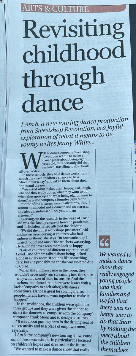 SallyMarie88's tweet photo. Delighted to have spotted this lovely interview piece in the #WesternMail yesterday. It makes it very real that #IAm8 opens this Wednesday. Many thanks @Jen_L_White 
@BarryMemo @TorchTheatre @aberystwytharts https://t.co/Z8UnBuqrB2