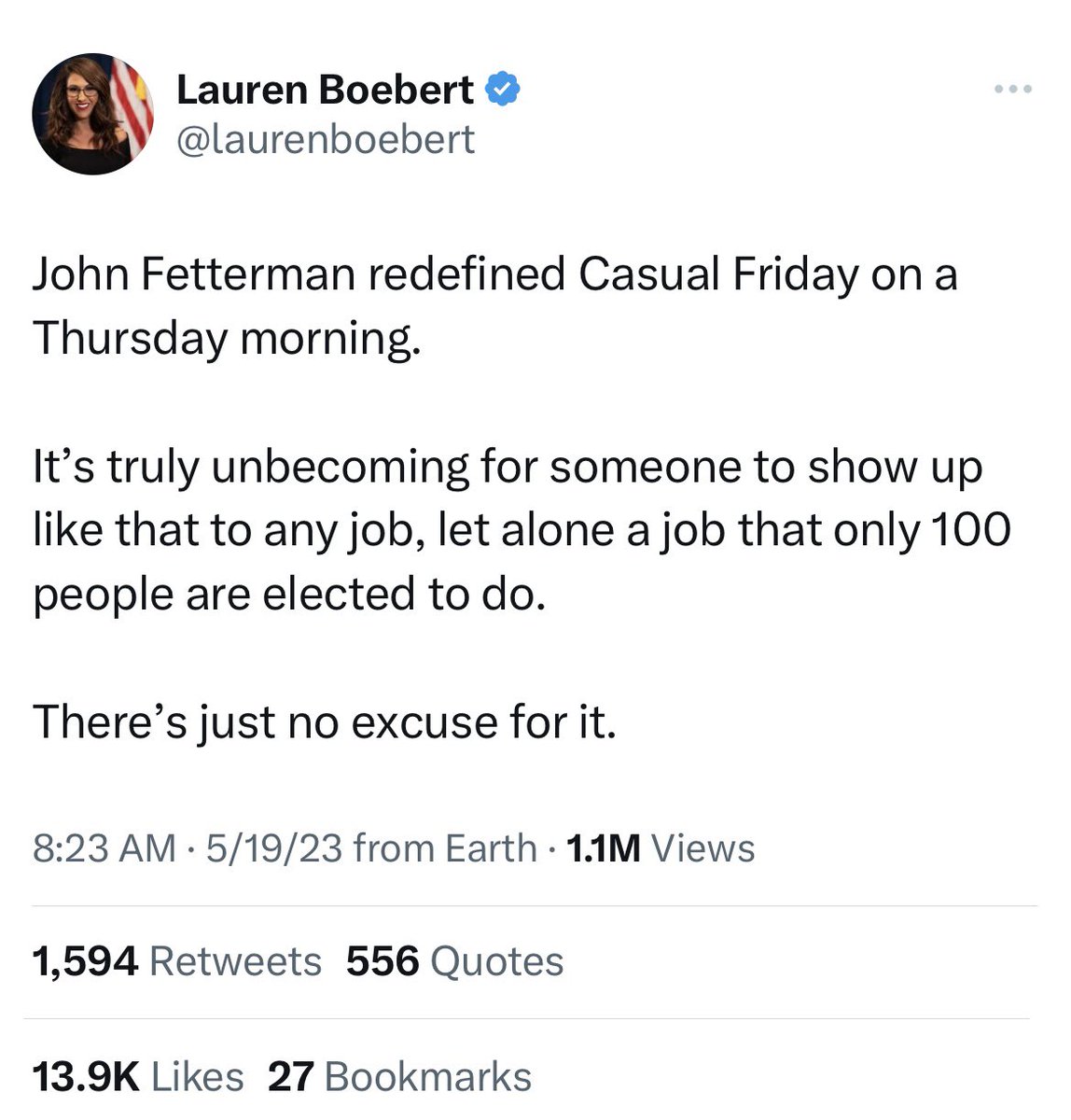 John Fetterman doesn’t represent Colorado. 

So why is Lauren Boebert spending even one minute of time thinking about his wardrobe?

How does this help one person in #CO03?
