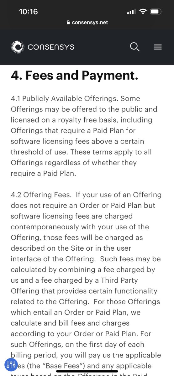 Everyone blindly tweeting about the MetaMask tax clause in TOS but not actually reading it. The tax section is in their “fees and payment” section, talking about products and paid plans they offer. if you buy a product from them, they can withhold taxes like sales tax for that