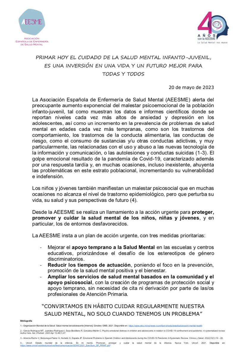 Las enfermeras de #SaludMental preocupadas por el incremento del malestar de niños y jóvenes

“𝘾𝙊𝙉𝙑𝙄𝙍𝙏𝘼𝙈𝙊𝙎 𝙀𝙉 𝙃Á𝘽𝙄𝙏𝙊 𝘾𝙐𝙄𝘿𝘼𝙍 𝙍𝙀𝙂𝙐𝙇𝘼𝙍𝙈𝙀𝙉𝙏𝙀 𝙉𝙐𝙀𝙎𝙏𝙍𝘼 𝙎𝘼𝙇𝙐𝘿 𝙈𝙀𝙉𝙏𝘼𝙇, 𝙉𝙊 𝙎𝙊𝙇𝙊 𝘾𝙐𝘼𝙉𝘿𝙊 𝙏𝙀𝙉𝙀𝙈𝙊𝙎 𝙐𝙉 𝙋𝙍𝙊𝘽𝙇𝙀𝙈𝘼”