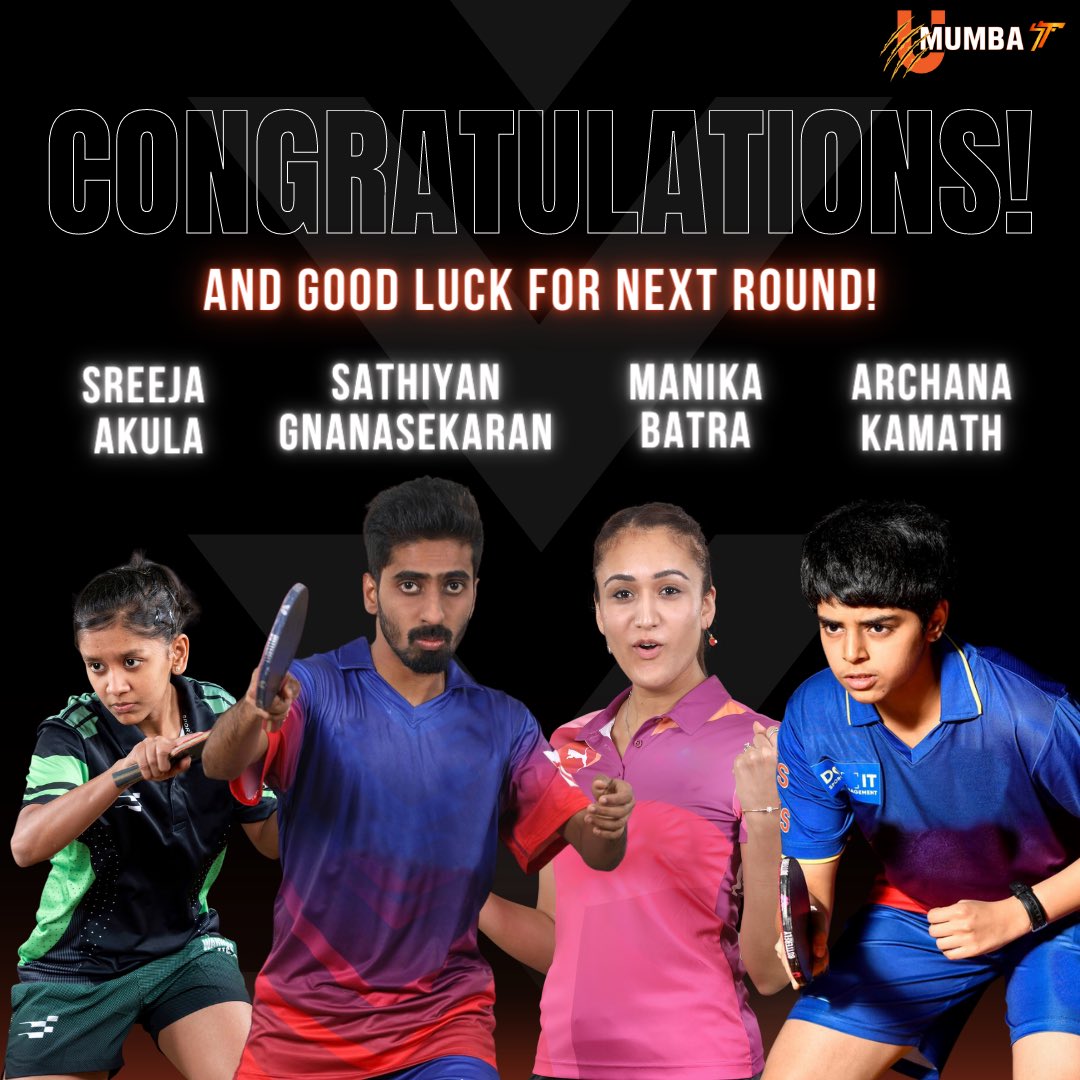 U Mumba (@umumba) on Twitter photo Congratulations to the Indian table tennis stars G. Sathiyan, Manika Batra, Sreeja Akula and Archana Kamath for advancing to the second round of the World Table Tennis Championship in Durban.
Best of luck to them as they continue their impressive journey!
<a href="/UltTableTennis/">Ultimate Table Tennis</a> Congratulations to the Indian table tennis stars G. Sathiyan, Manika Batra, Sreeja Akula and Archana Kamath for advancing to the second round of the World Table Tennis Championship in Durban.
Best of luck to them as they continue their impressive journey!
<a href="/UltTableTennis/">Ultimate Table Tennis</a>
