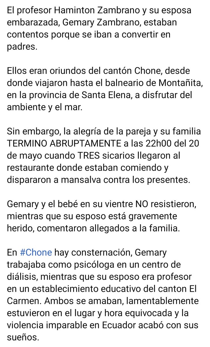 EmergenciasEc's tweet photo. Buen día con todos.
Una pareja es víctima colateral de la balacera en Montañita, lamentablemente estuvieron en el momento equivocado 😔 https://t.co/t9dv8fMb6i
