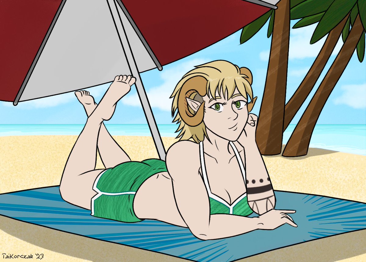 Since I had done a swimsuit for Maris, figured we should go all the way and do a summer beach scene. 
Backgrounds are still something I'm getting better at but felt comfortable with the umbrella shade and the water blending.

#ocart #characterart #dndart
