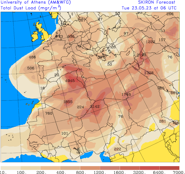 Official_WXUK's tweet photo. Quite significant amounts of #SaharanDust over the southern half of the UK and much of the rest of Europe at the moment and over the next few days.

Unlikely to see dusty deposits on cars with no rain in the forecast, but hazy or unusual looking sunrises and sunsets are possible. https://t.co/L8uuUXRwDG