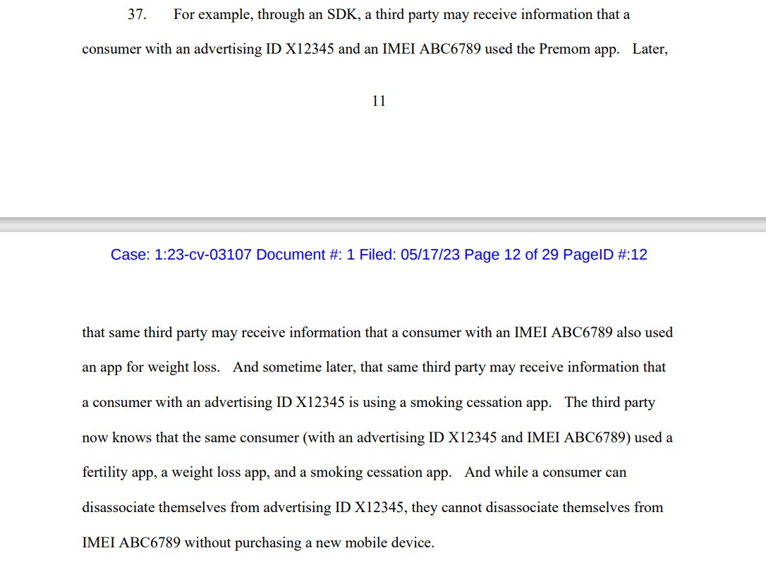 As such, a third party may learn that a user associated with advertising ID X12345 and IMEI ABC6789 is actually Jane Doe, and thereafter, the third party will know that Jane Doe uses Premom, a weight loss app, and a smoking cessation app.