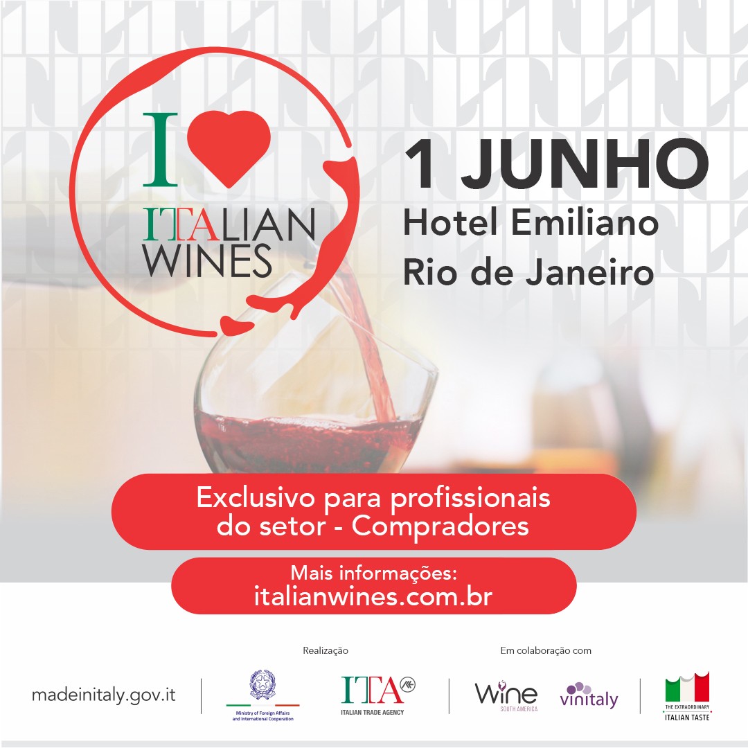 I Love Italian Wines, etapa Rio de Janeiro, acontecerá em 01/06, no Hotel Emiliano. Serão 21 expositores, entre produtores e importadores de vinhos italianos, e mais de 250 rótulos em exposição. Acesse italianwines.com.br e inscreva-se! Exclusivo para profissionais do setor.
