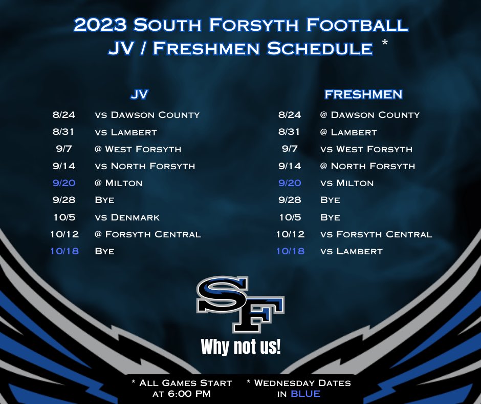 Start planning ahead!!
Check out our 2023 Varsity and JV/Freshmen football schedules below: 👇 
#WhyNotUs