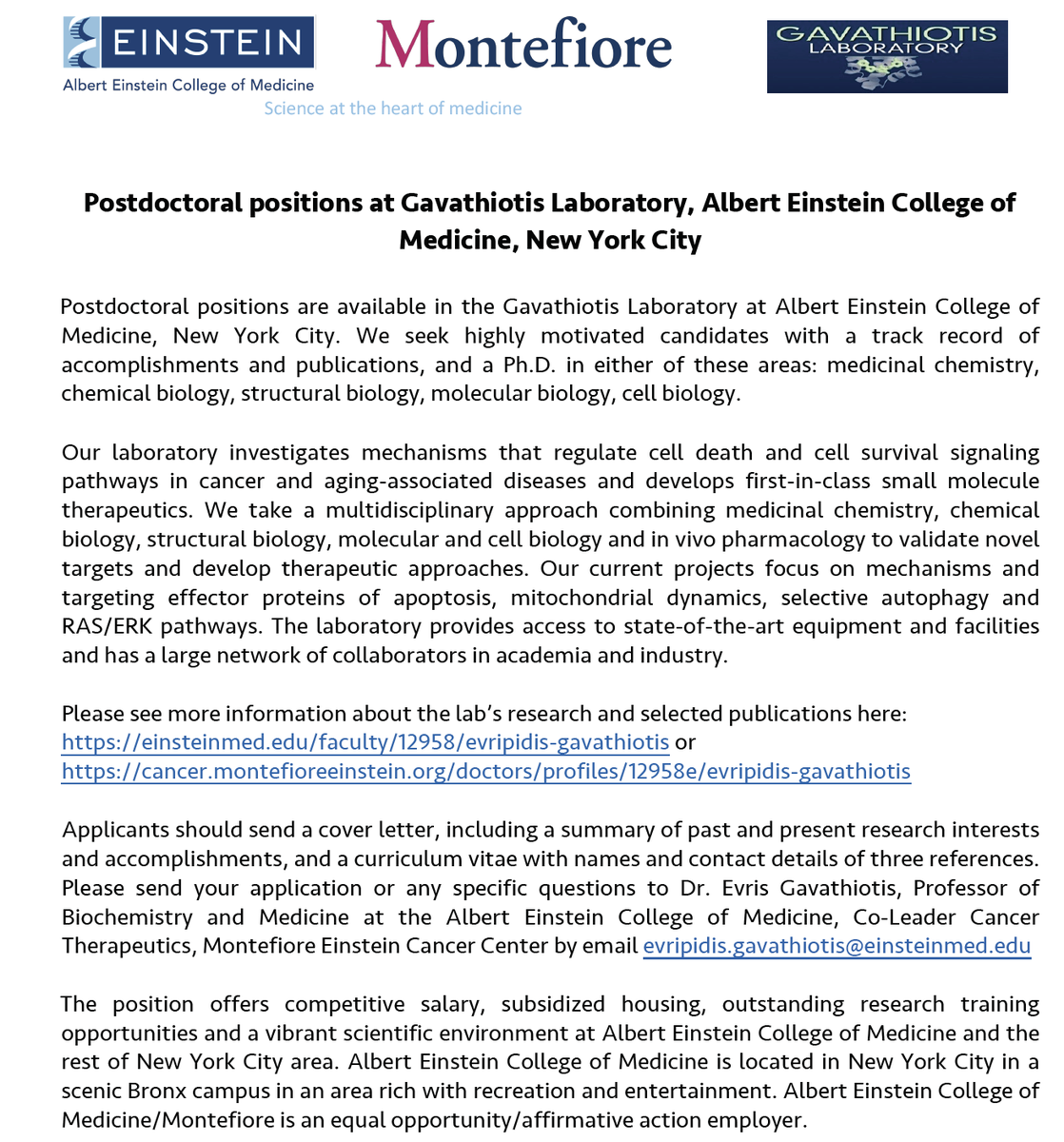 New goals, new projects, new excitement…We are hiring recent PhD graduates or postdoctoral  fellows with expertise in medicinal chemistry, chemical biology,  structural biology, molecular and cell biology. Come and join our group!  Please RT.