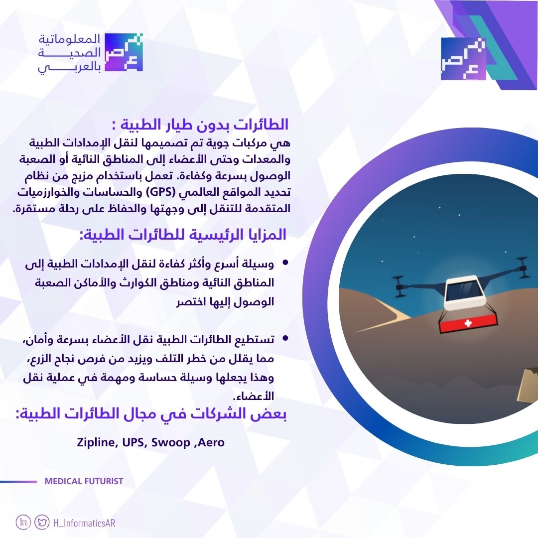 نظرة عامة على الطائرات بدون طيار 🛬🏥

 في الصورة مرفق لكم بعض التفاصيل  ✨

#المعلوماتية_الصحية_بالعربي