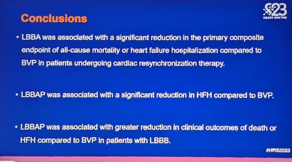 ✅LBBAP group with⬇️thresholds vs BiV, fewer w ⬆️threshold post-implant, shorter QRS, ⬇️complications
✅LBBAP w ⬇️1' outcome (death HFH), HR 1.45
✅both groups with ⬆️LVEF, but ⬆️⬆️ in LBBAP group

These are terrific findings and very good news for #LBBAP #HRS2023 #2023PaceSetter