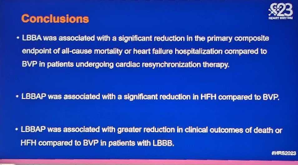 ✅LBBAP group with⬇️thresholds vs BiV, fewer w ⬆️threshold post-implant, shorter QRS, ⬇️complications ✅LBBAP w ⬇️1' outcome (death HFH), HR 1.45 ✅both groups with ⬆️LVEF, but ⬆️⬆️ in LBBAP group These are terrific findings and very good news for #LBBAP #HRS2023 #2023PaceSetter