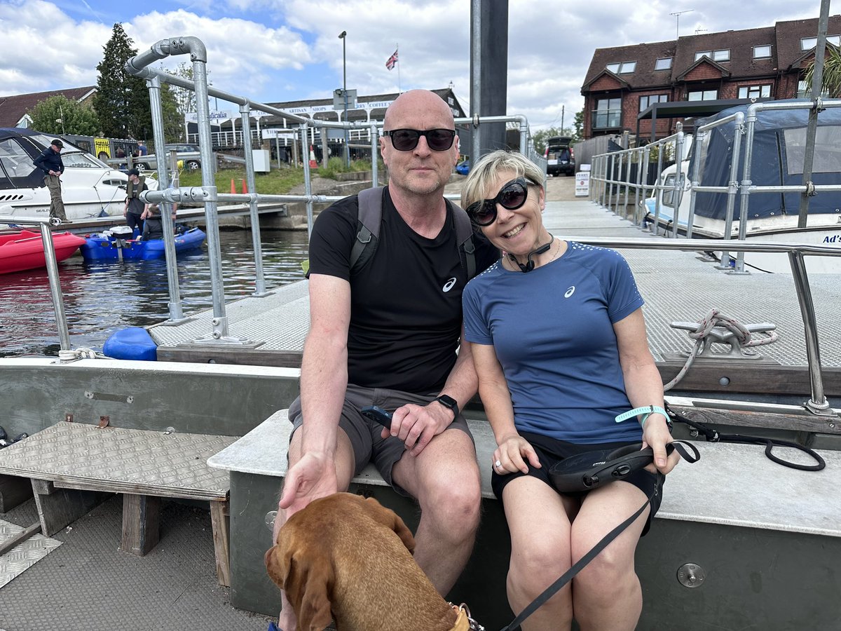 Set off with Denise and our friends Pete (fellow Oxford fan) and Sarah (fellow Oxford widow of Denise) for the leg between Chertsey and Hampton Wick. Had to take a ferry across the Thames at Shepperton, so am now an expert sailor. #thamespath