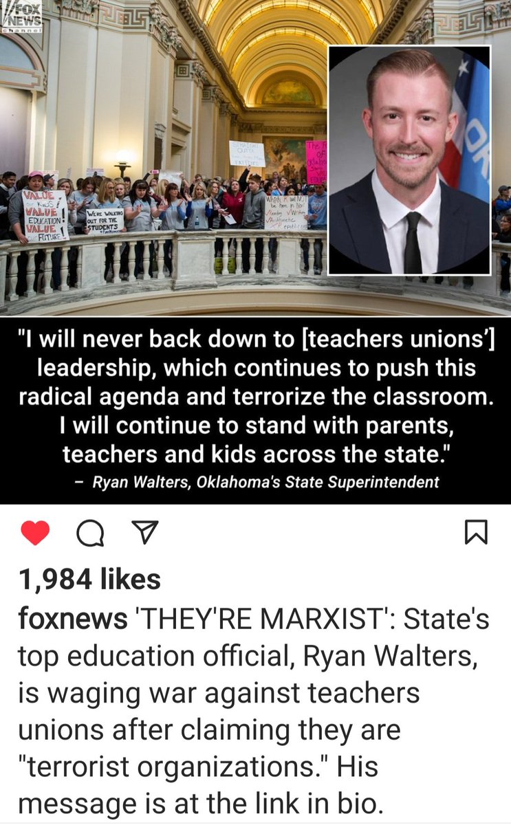PaulaRayMandl's tweet photo. #RyanWalters #Oklahoma #StateSuperintendent is absolutely right about the #teachersunions. They must be challenged.
#Radicalagenda
#Marxistideology
#Classroomterrorism https://t.co/rlRLZ0PyEh