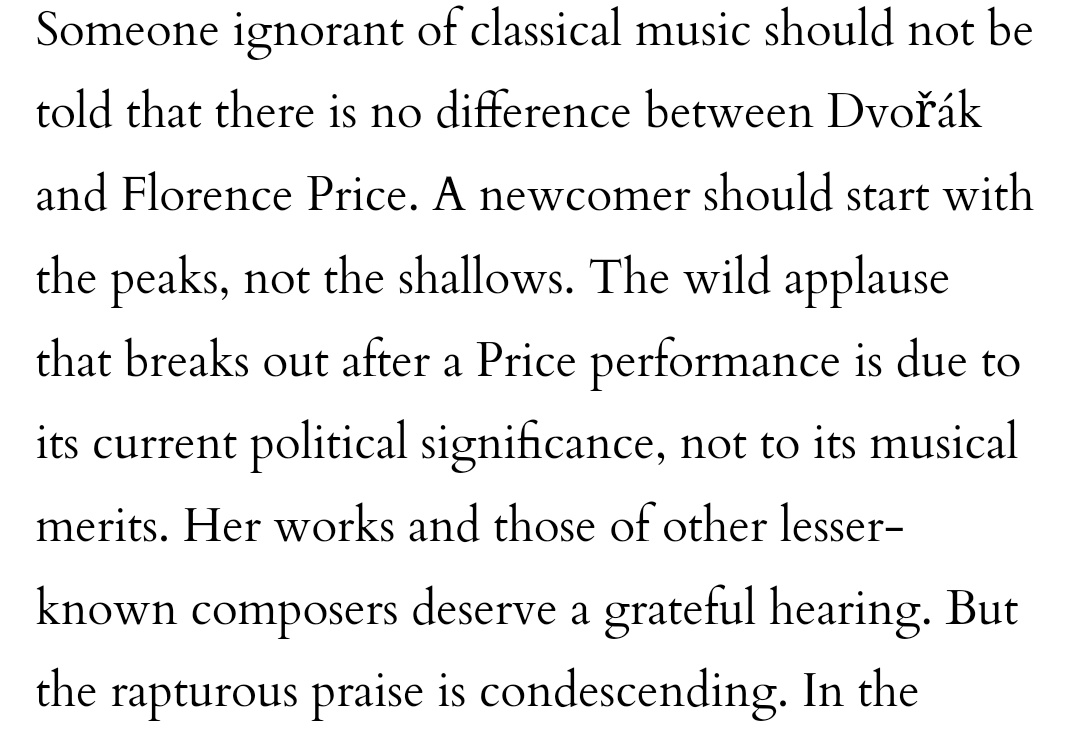 A lot of anger about the "canon" on classical music Twitter floating around ATM, revolving around (seemingly unverifiable) claims like this. Is it so hard to believe different people might like different pieces? That someone might want to hear Beethoven &amp; Price &amp; Smyth &amp; Bach?