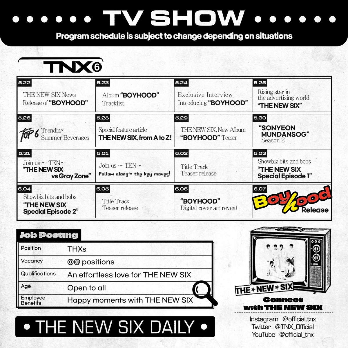 TNX_Official's tweet photo. THE NEW SIX | TNX
The 3rd Mini Album [BOYHOOD]
📰 Promotion Schedule Poster

🔙 2023.06.07 (Wed) 6PM KST

#TNX #TheNewSix #더뉴식스
#BOYHOOD #230607_6pmKST
#피네이션 #PNATION https://t.co/VyWf2ASAjE