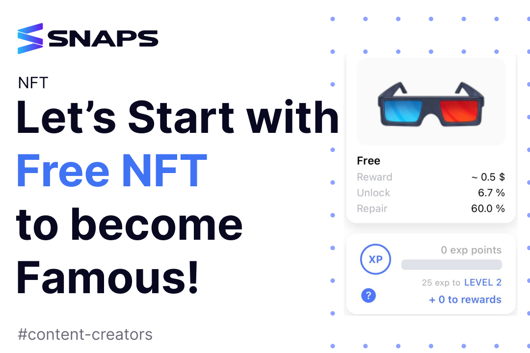 🆓Free NFT Glasses is enough to become a popular content creator in Snaps and solidly monetize your creativity!

- Download Snaps mobile app on your iOS 
- Create or import your wallet
- Mint Free NFT Glasses
- Create amazing content
- Get rewards for the views and subscribers