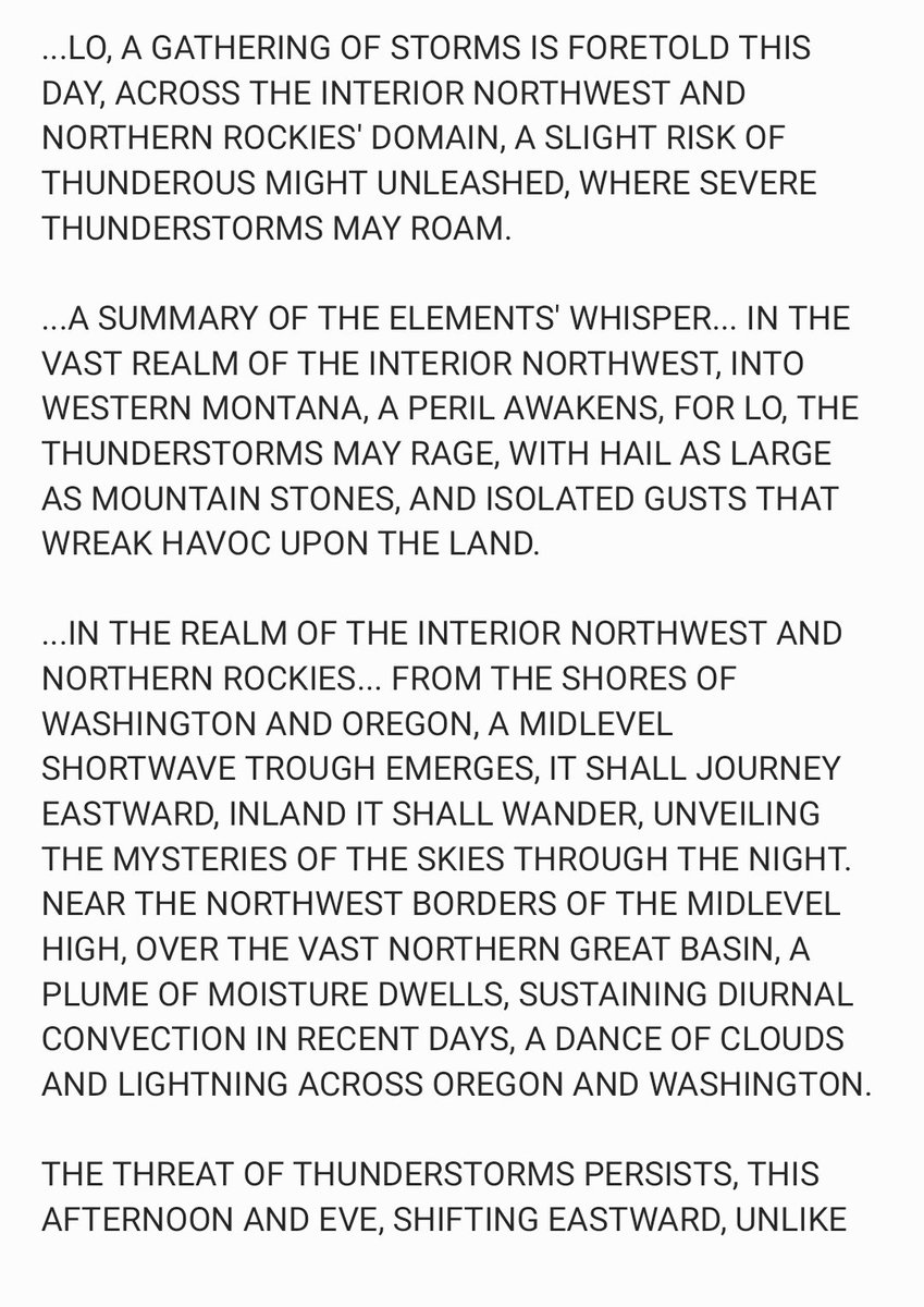 TS_WxDawg's tweet photo. After a long mid-shift I thought it might be fun to see how ChatGPT would re-write the @NWSSPC Day1 Outlook in the style of J. R. R. Tolkien... well it did not disappoint.(at least I think so in my now semi conscious state) Enjoy:
#wawx #orwx #wxtwitter #idwx #mtwx #gawx #flwx https://t.co/KIPvcJyc6l