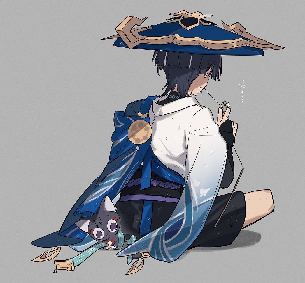 scaramouche (genshin impact) 1boy sitting hat male focus jingasa black shorts blue headwear  illustration images