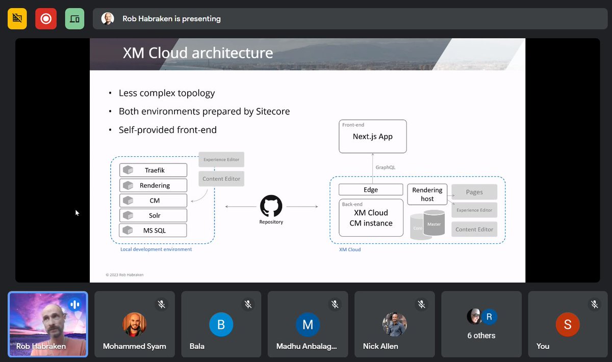 Happening now!
<a href="/rhabraken/">Rob Habraken</a> presenting XM cloud architecture and how to migrate from Sitecore DXP to XM cloud
<a href="/Sitecore/">Sitecore</a> #community