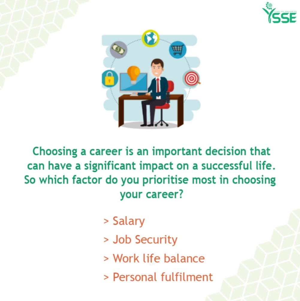 YSSEGLOBAL's tweet photo. Choosing a career means focusing on what's important to you. Salary brings stability, job security offers peace of mind, work-life balance maintains a healthy life, and personal fulfillment brings joy.
#ysse #career_priorities #finding_balance #personal_fulfillment_matters https://t.co/5ZPUXCPUiP