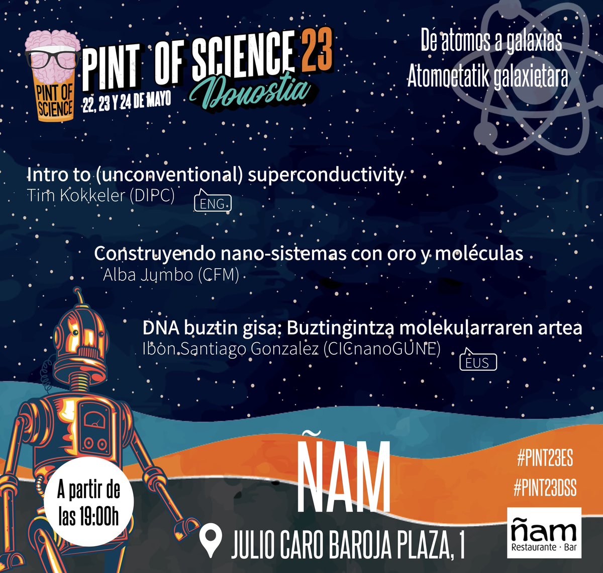DivulgaDonosti's tweet photo. Por fin ha llegado el día! Mañana arrancamos con el primer día de #pint23dss. Aquí tienes el programa. Te esperamos a partir de las 19h. No te lo pierdas! 🍻🧠

#pint22dss #pint22es #science #donostia https://t.co/2gFasuDZog