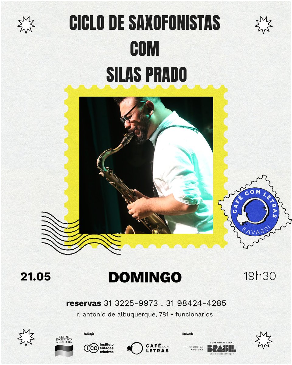 🎶 Hoje recebemos Silas Prado às 19:30h. Para esse show, Prado tocará músicas do seu primeiro álbum intitulado ‘Obrigado, Mestre’, e o músico estará acompanhado por William Pajé Alves (trompete), Lucas de Melo (guitarra), Egberto Brant (baixo) e Cyrano Almeida (bateria).